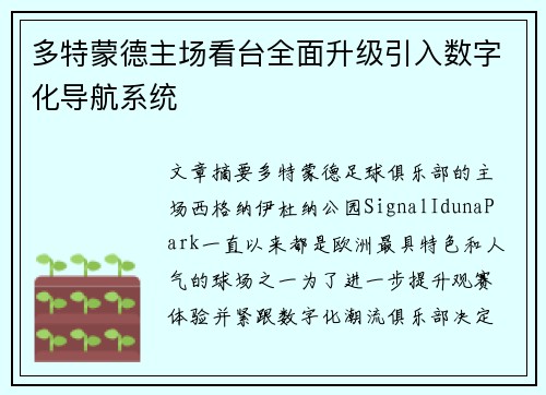 多特蒙德主场看台全面升级引入数字化导航系统