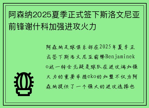 阿森纳2025夏季正式签下斯洛文尼亚前锋谢什科加强进攻火力