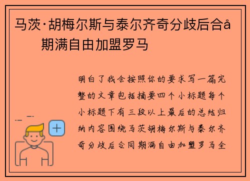 马茨·胡梅尔斯与泰尔齐奇分歧后合同期满自由加盟罗马